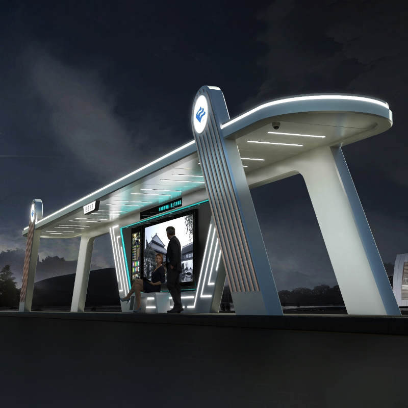 Pensilina per autobus urbani con struttura resistente e scatole luminose pubblicitarie