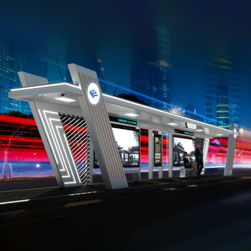 Pensilina per autobus urbani con struttura resistente e scatole luminose pubblicitarie